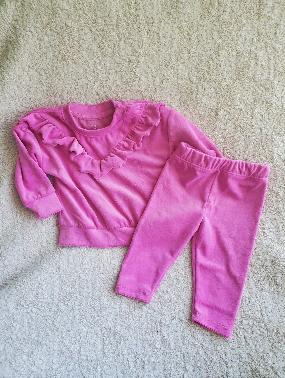 Girls Pink Ruffle Velour Tracksuit - Sweatshirt & Pants Set